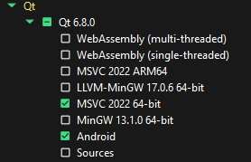 Qt 6.8 select MSVC 2022 and Android